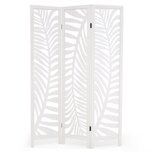 3-Panel Room Divider 170 cm Freestanding Privacy Screen in white with a leaf pattern design