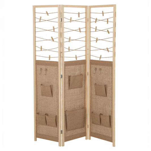 3-Panel Room Divider with storage pockets and hooks on a plain white background