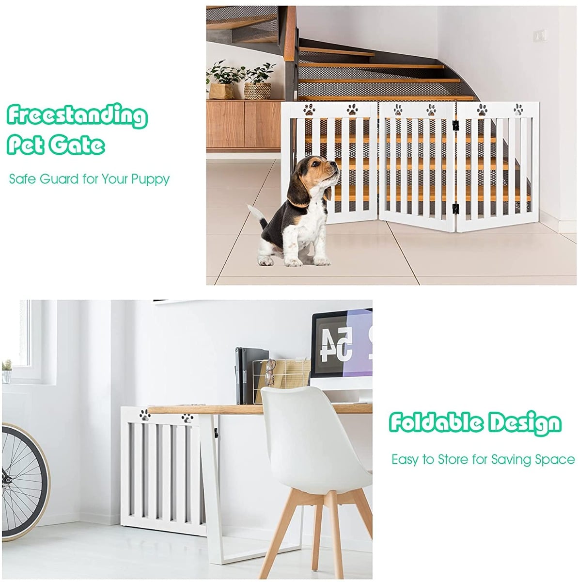 A white folding pet gate is shown freestanding and also with text about its foldable design