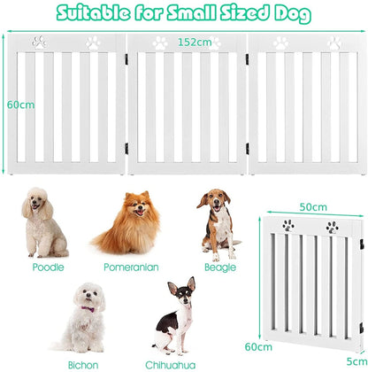 A size diagram shows the white pet gate with dimensions and illustrations of suitable dog breeds