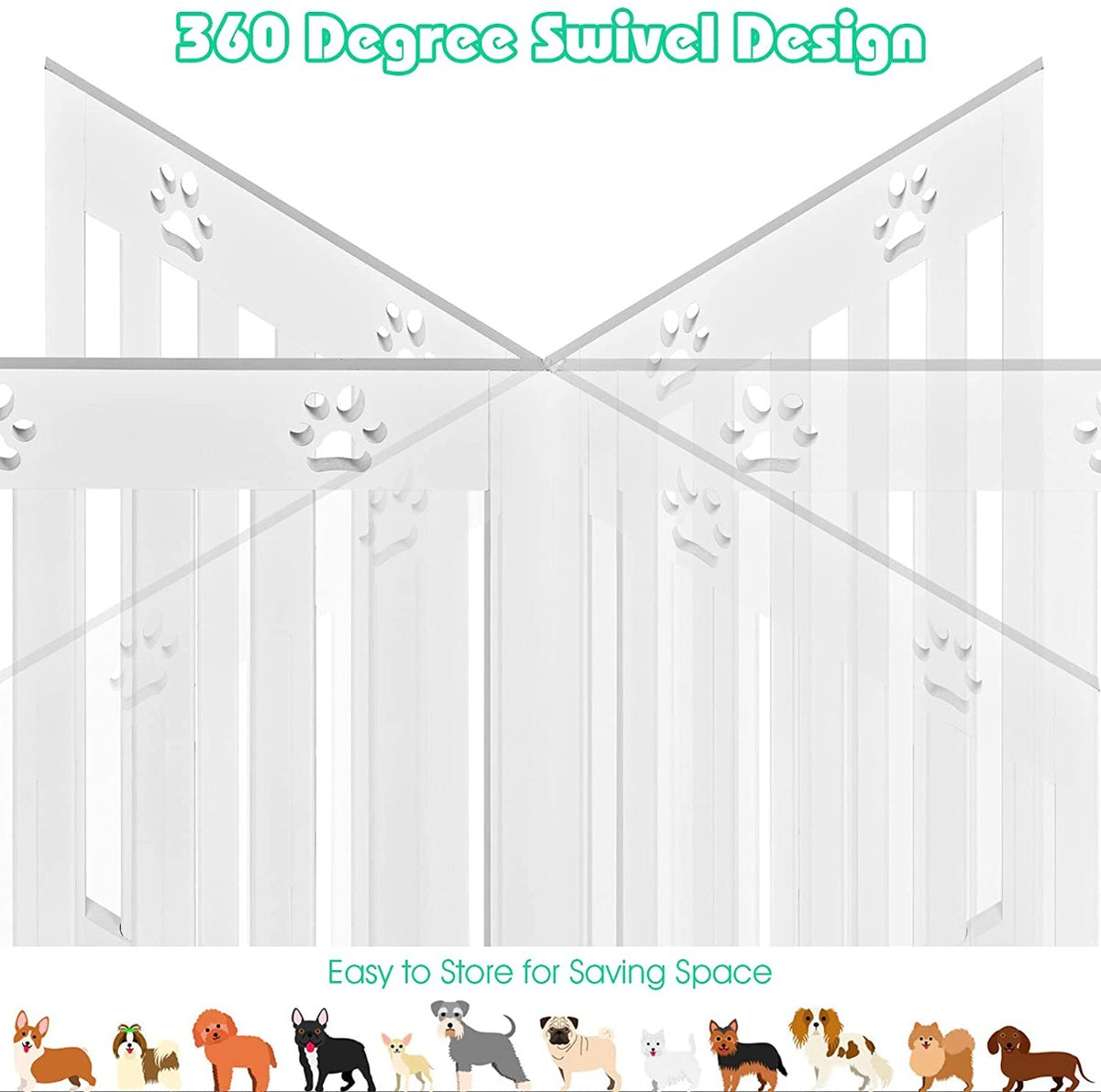 the white pet gate panels shown in a swivel configuration with various dog breeds at the bottom