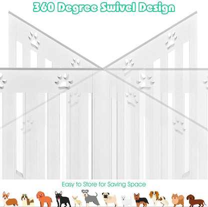 the white pet gate panels shown in a swivel configuration with various dog breeds at the bottom