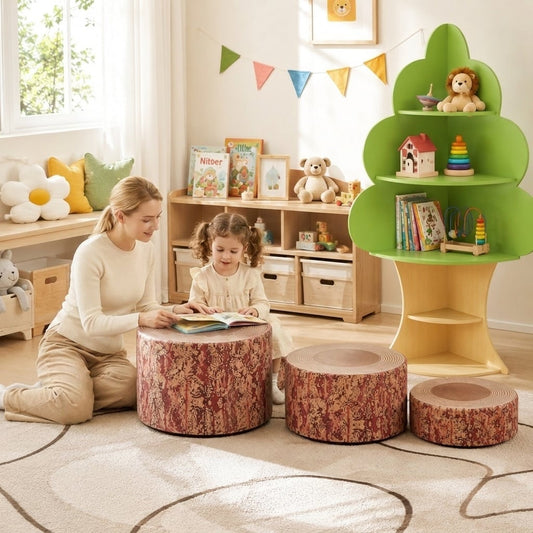3 PCS Tree stool set and bookshelf in a child's bedroom with a woman and child reading together