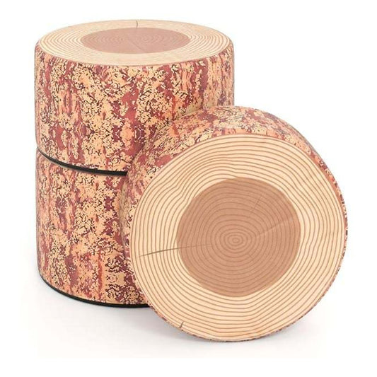 The tree stump stools stacked and arranged on a plain white background