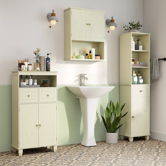 3-Piece Bathroom Cabinet Set with Diamond Pattern, showing the floor cabinet, tall cabinet and wall cabinet in a bathroom