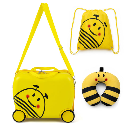 3-Piece Bee Design Kids Bee Design Set with a yellow suitcase, drawstring bag and neck pillow