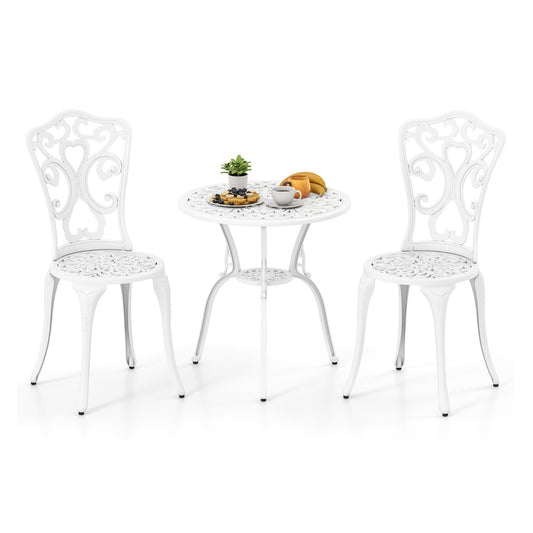 3 Piece Bistro Set with Umbrella Holes in white with two chairs and a small round table