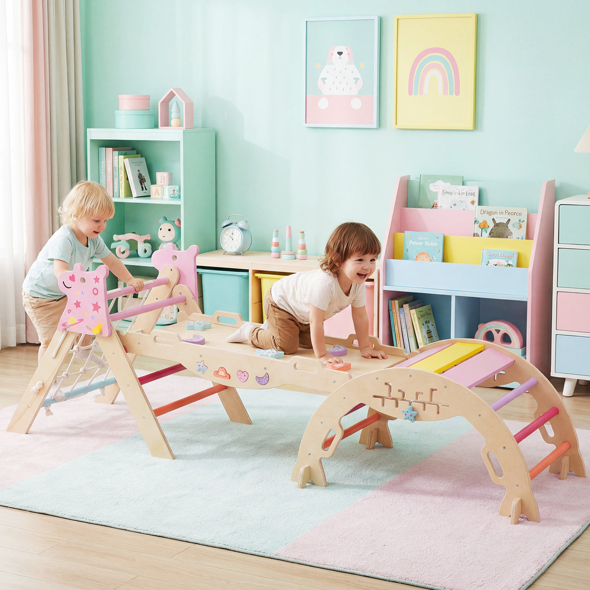 Two toddlers playing on the macaron coloured climbing frame in a nursery room