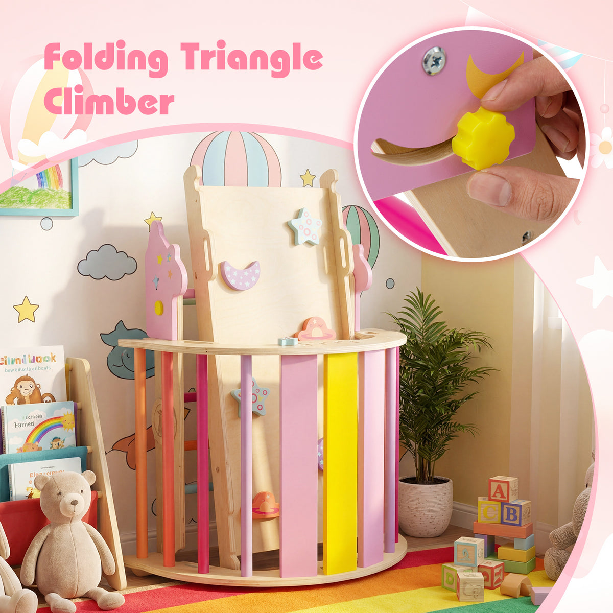 Close up of the folding triangle climber with a hand adjusting a knob