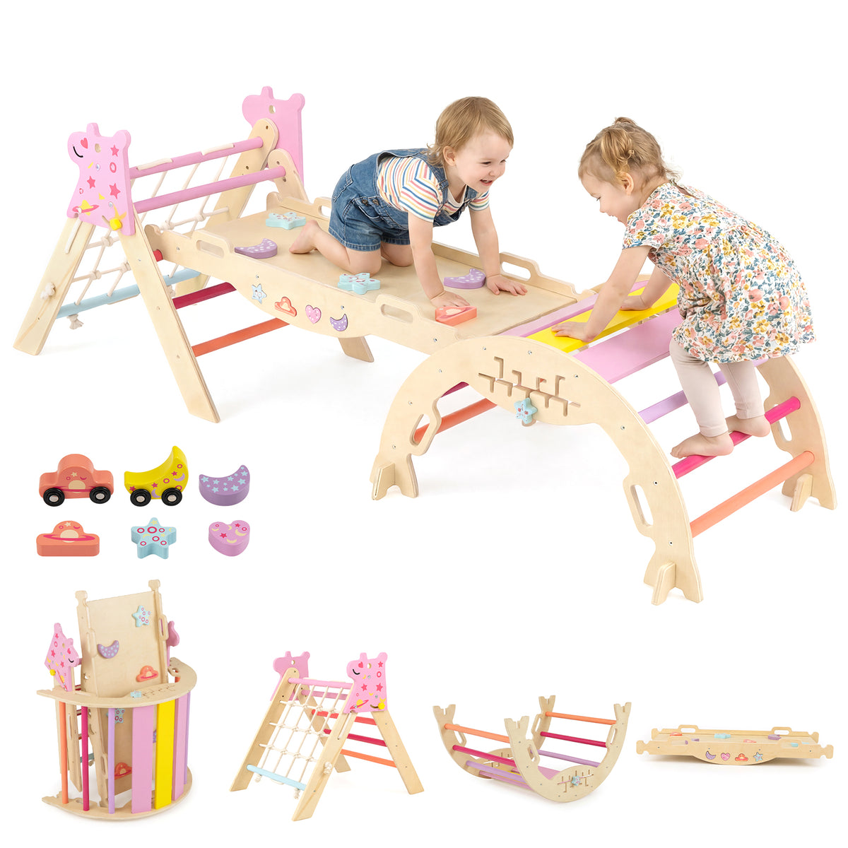 Various parts of the macaron climbing frame and accessories laid out