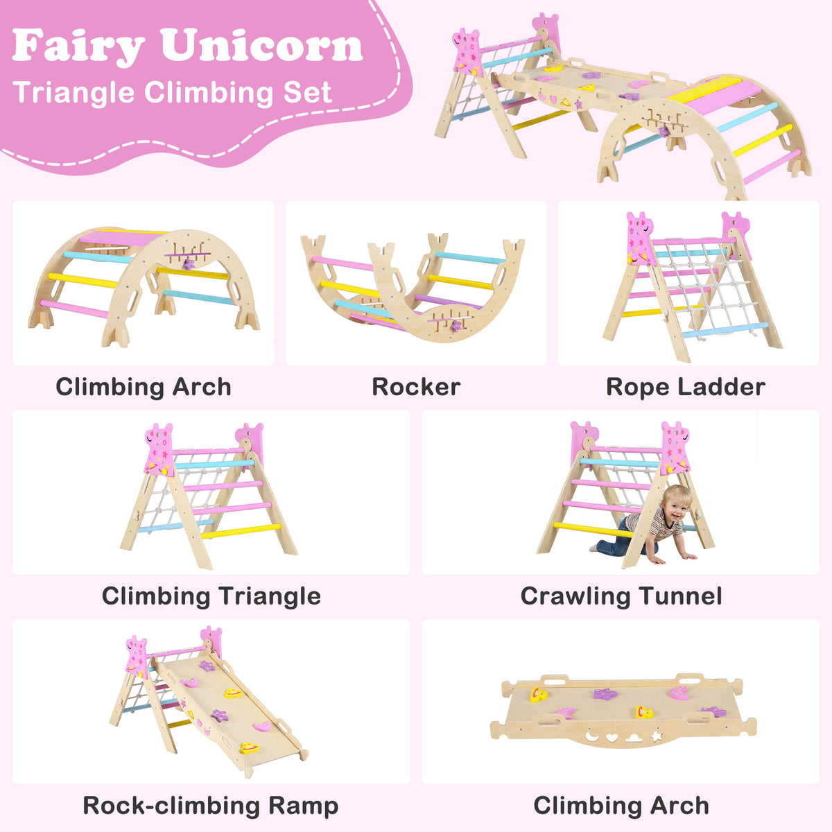 Different configurations of the macaron climbing set including arch and rocker