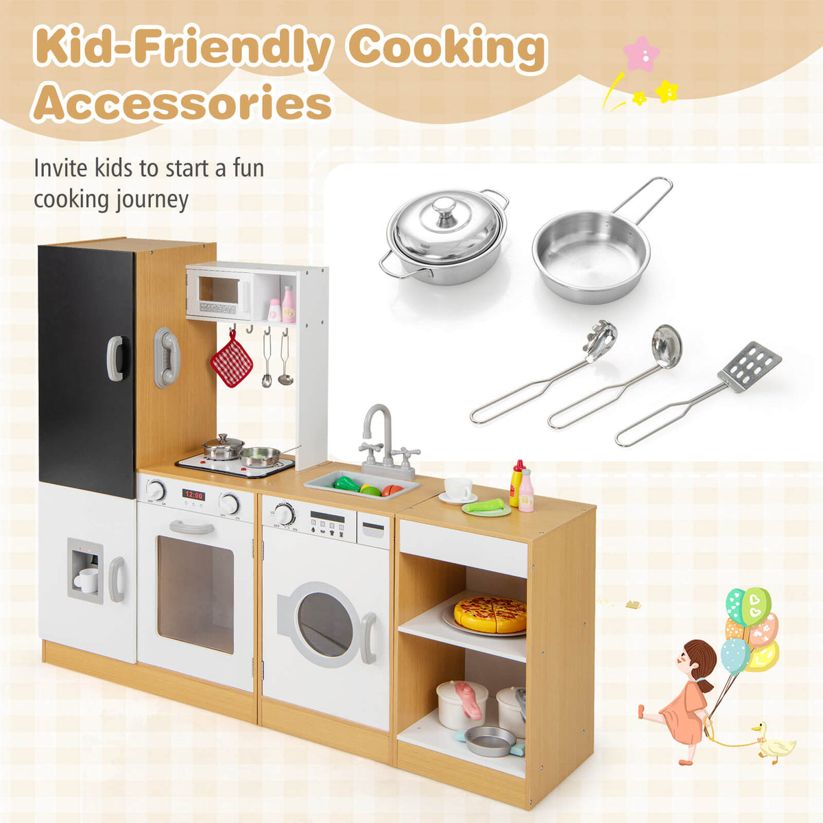 Accessories included with the play kitchen set laid out