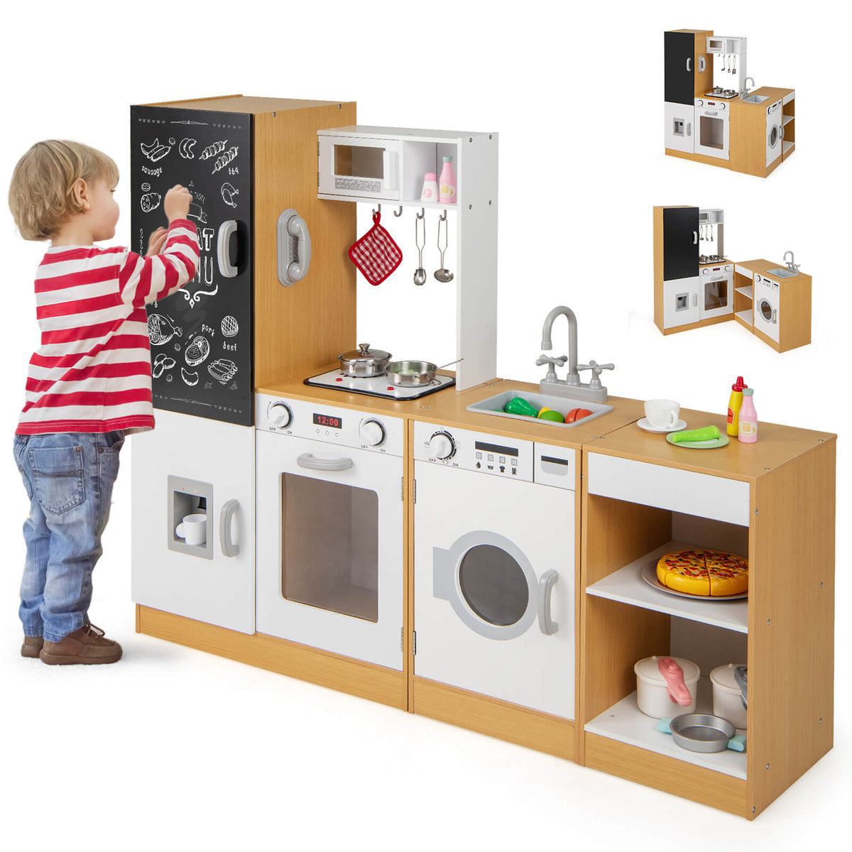 Boy using the blackboard on the play kitchen set