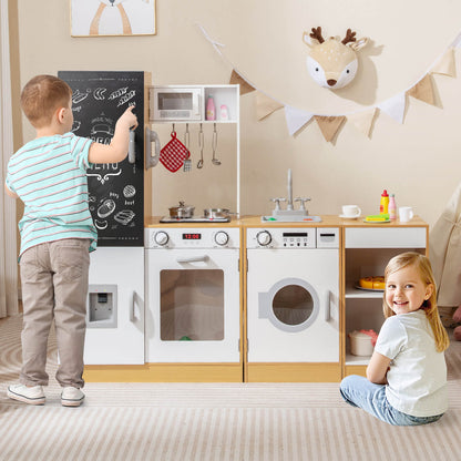 A boy and a girl interacting with the play kitchen set