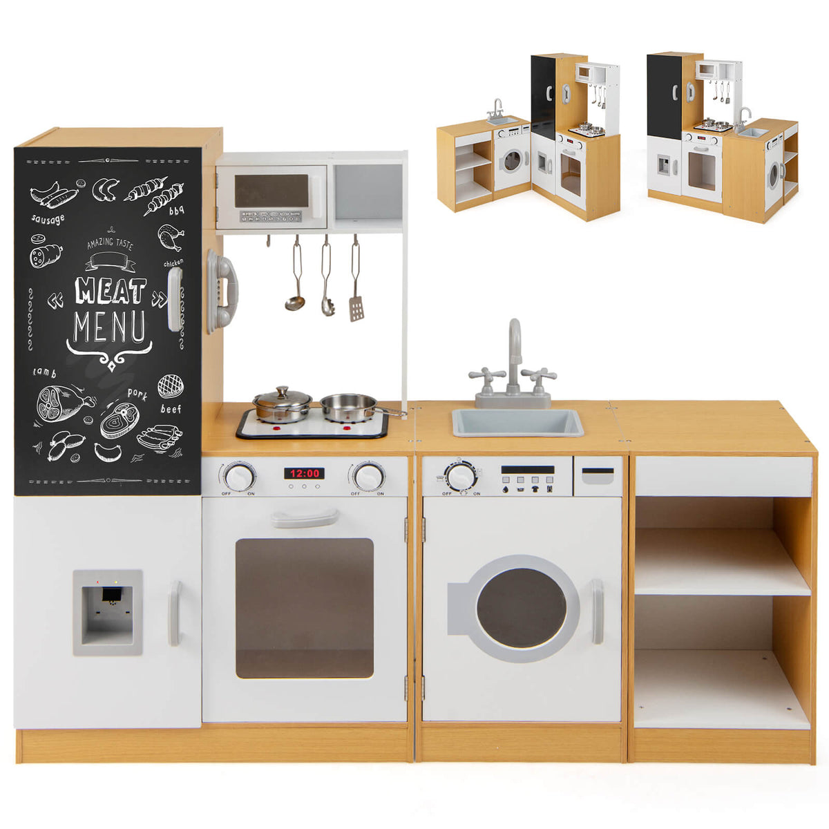 3-Piece Kids Play Kitchen Set with oven, washing machine, sink and blackboard