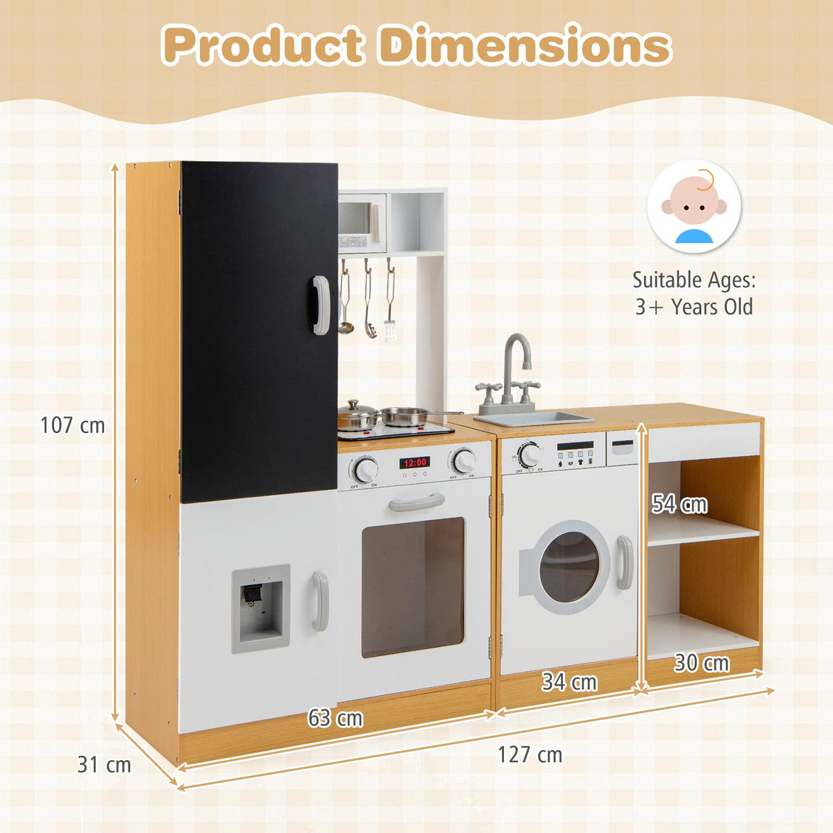 Dimensions of the play kitchen set with measurements shown