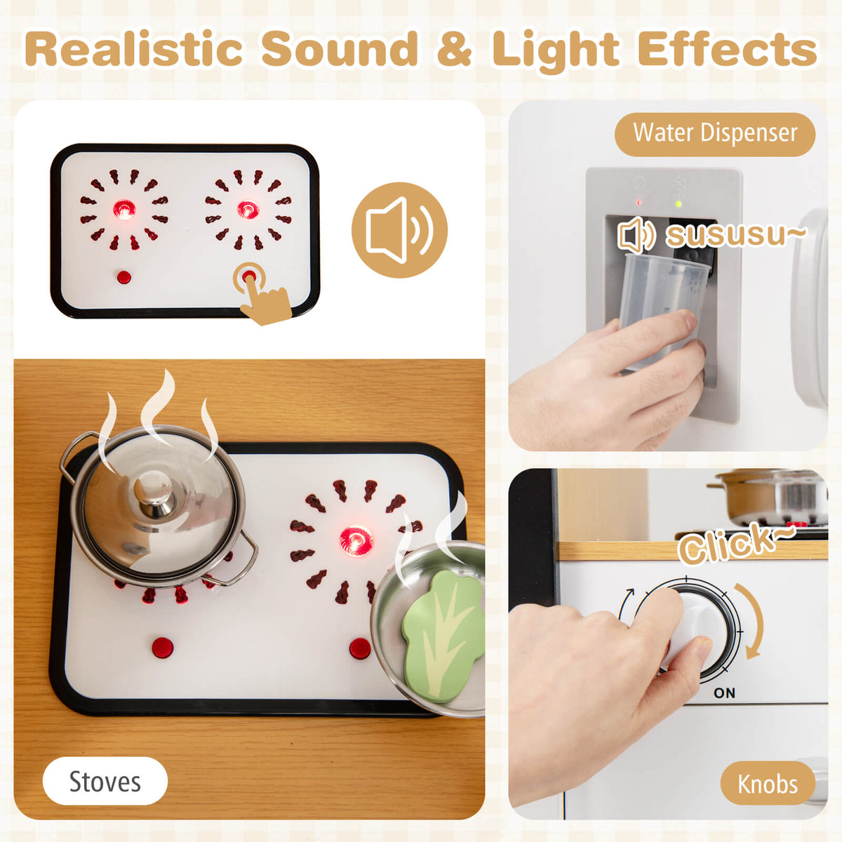 Close-up of the play kitchen's realistic sound and light effects