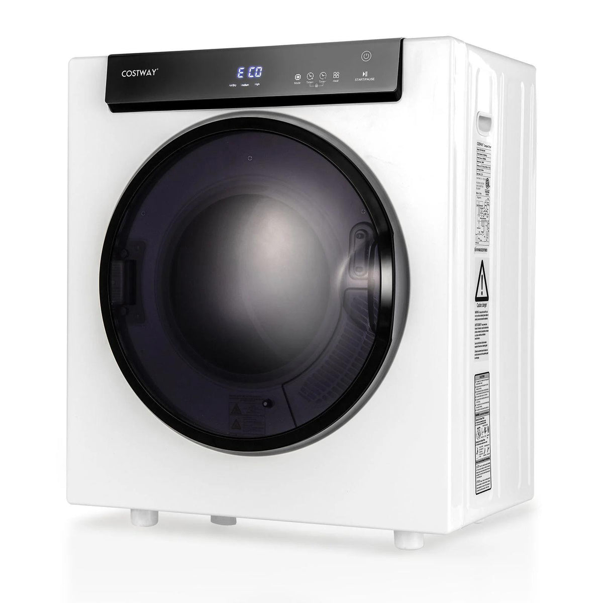 The compact portable clothes dryer with a dark circular door and digital control panel