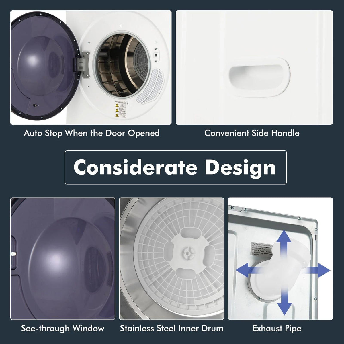 The clothes dryer showing the internal drum, side handle, and exhaust pipe details