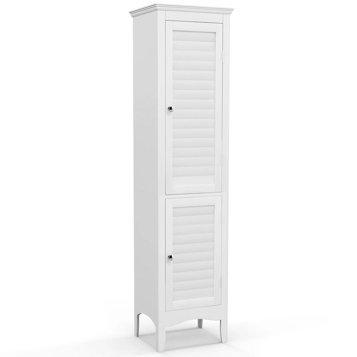 The tall bathroom floor cabinet with two shutter style doors standing on a white background