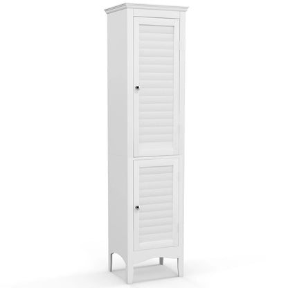 The tall bathroom floor cabinet with two shutter style doors standing on a white background