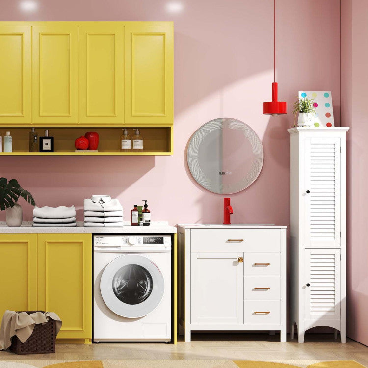 3-Piece Laundry room Bundle: Single Bathroom Vanity set in a bright laundry room with yellow cabinets