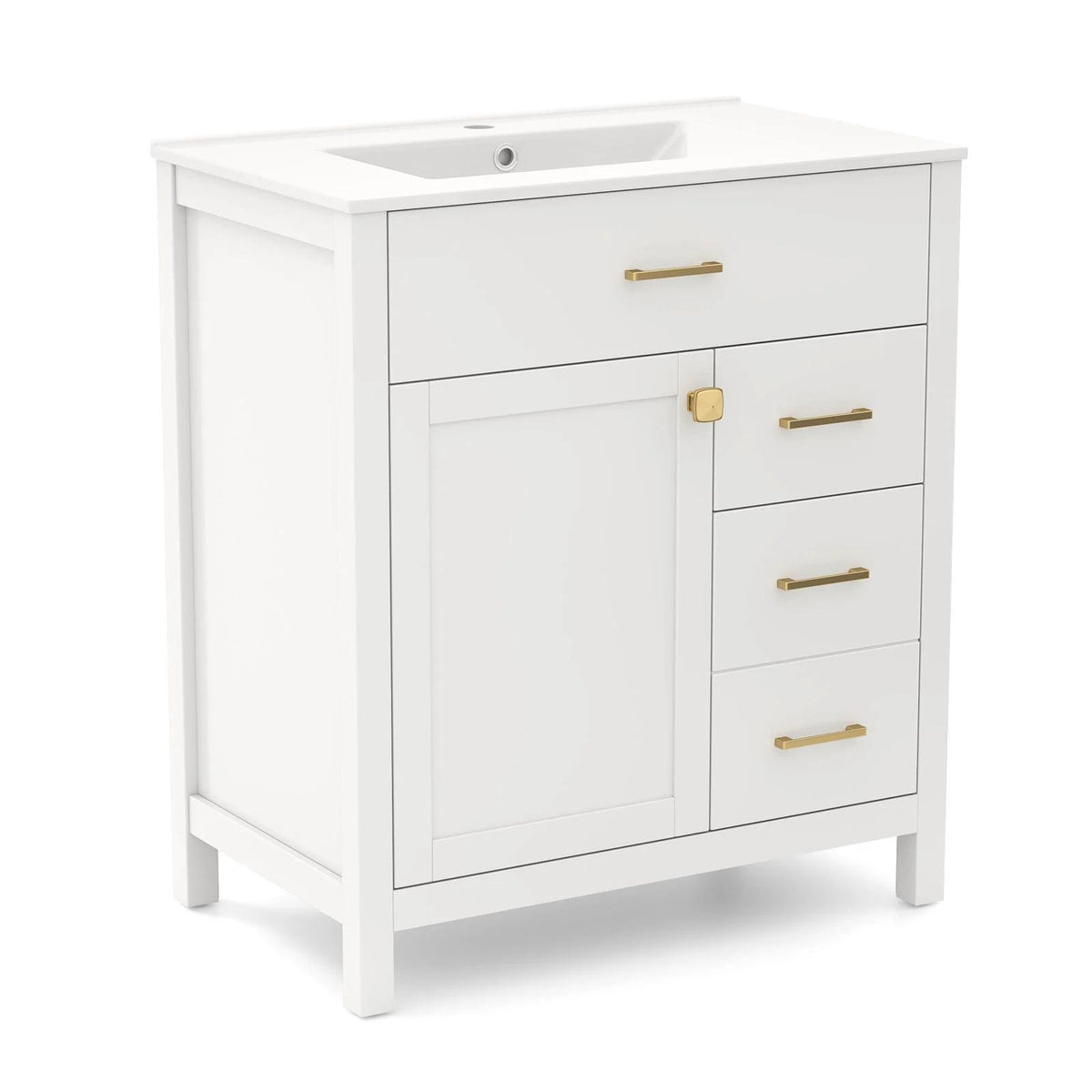 The single bathroom vanity featuring a white basin and gold handles on a white background