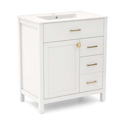 The single bathroom vanity featuring a white basin and gold handles on a white background