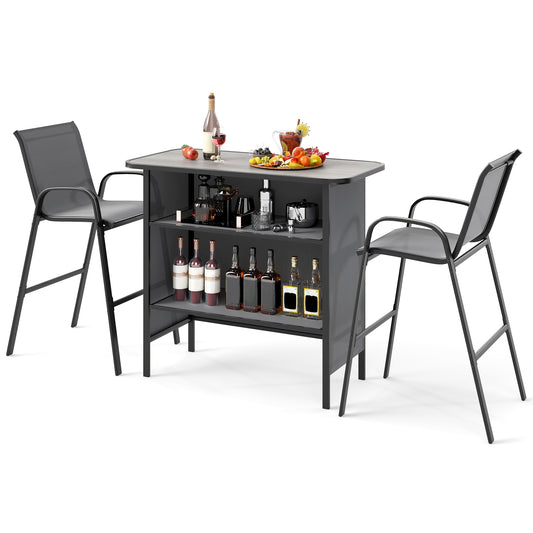 3 Piece Outdoor Bar Table and Chairs Set with two grey bar stools and a grey bar table with shelves