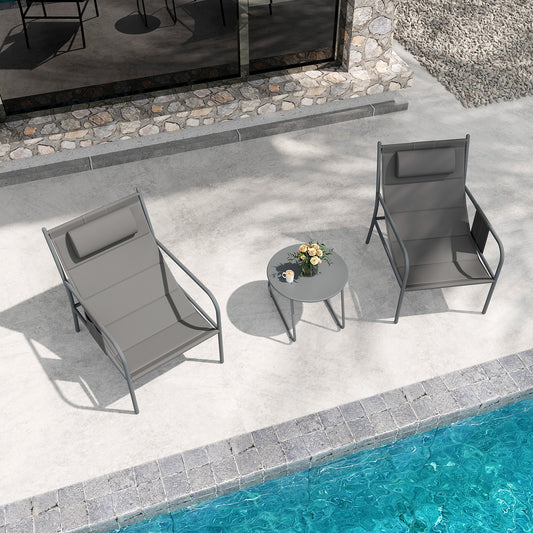 3 Piece Outdoor Bistro Set, the patio furniture set placed on a concrete poolside terrace next to a swimming pool