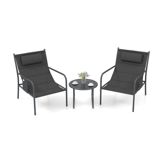 3 Piece Outdoor Bistro Set with two grey chairs and a small round table on a white background