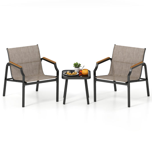 3 Piece Outdoor Chair Set with two chairs and a small table, all brown