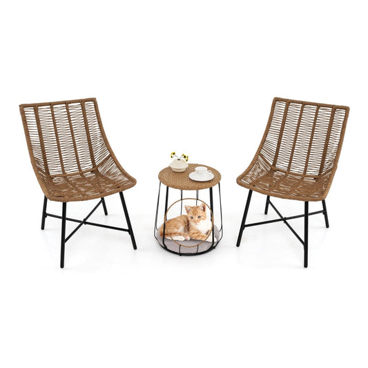 3 Piece Outdoor Furniture Set with Pet House featuring two woven chairs and a central table