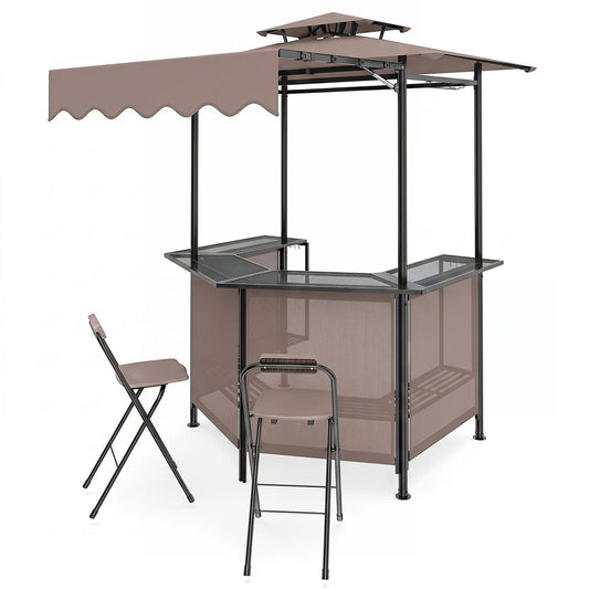 3-Piece Patio Bar Set and Outdoor BBQ Canopy with bar table and 2 folding bar stools for backyard-brown
