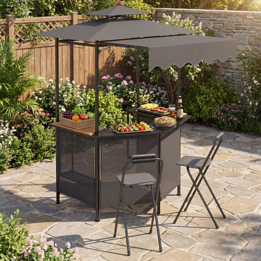 The outdoor BBQ canopy bar set with stools in use in a garden setting with food and drinks