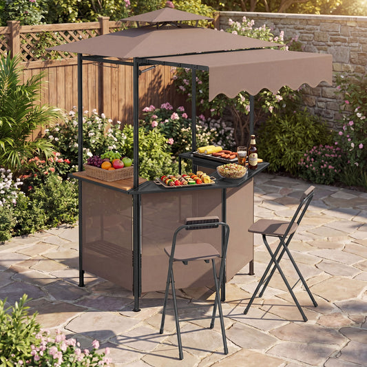 The outdoor BBQ canopy bar set with two stools and a table set up for a barbecue