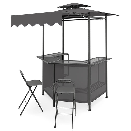 3-Piece Patio Bar Set and Outdoor BBQ Canopy with grey canopy and bar table with two stools