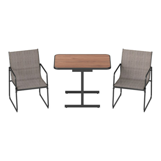3-Piece Patio Bistro Set with a rectangle dining table and two fabric armchairs