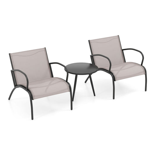 3 Piece Patio Chair Set with two light grey armchairs and a small round table on a white background