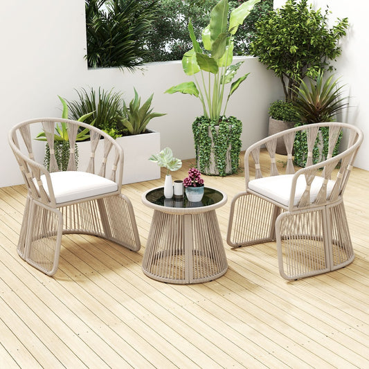 The patio furniture set placed on a wooden deck with potted plants