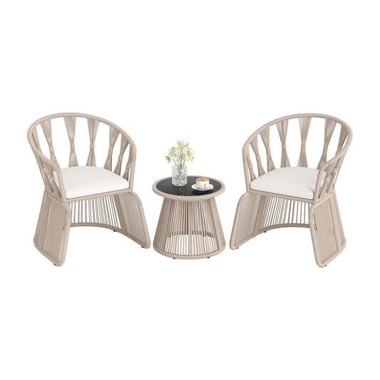 3 Piece Patio Leisure Chair Set with two rope-woven armchairs and a round table