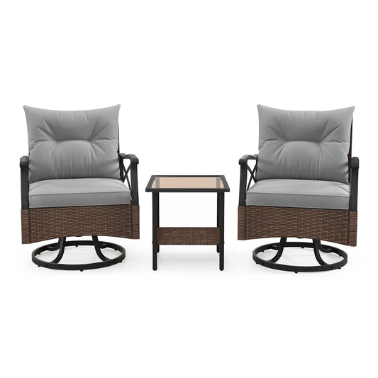 3 Piece Patio Swivel Rocker Set with two chairs and a small table on a plain white background