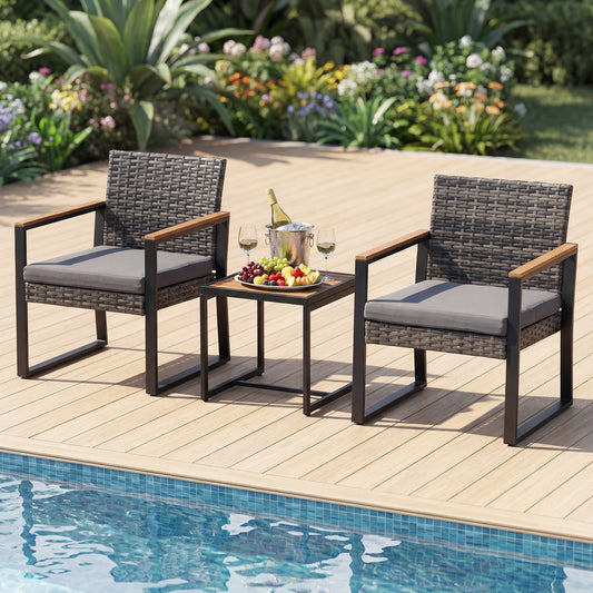 The patio furniture set arranged on a wooden deck beside a swimming pool with food and drink