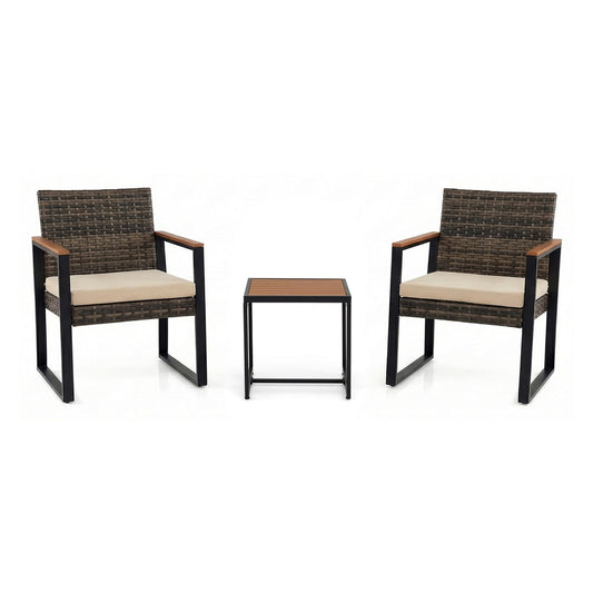 3-Piece PE Wicker Patio Set with two chairs and a side table on a white background