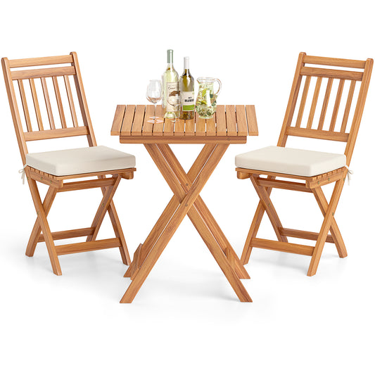3 Pieces Outdoor Acacia Wood Bistro Set with two chairs and a table, featuring slatted backs and cream seat cushions