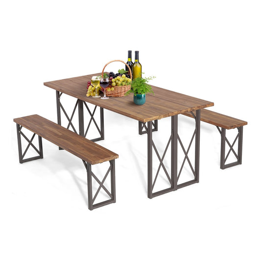 3 Pieces Outdoor Acacia Wood Dining Set with table and two benches