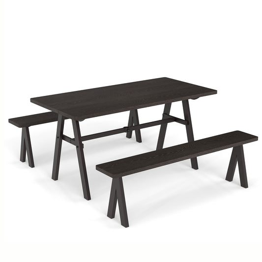 3 Pieces Outdoor Picnic Table and Benches Set in dark brown with a central umbrella hole