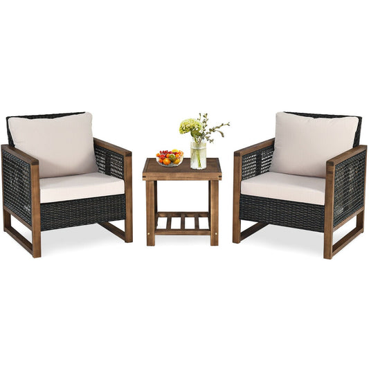 3 Pieces Outdoor Rattan Furniture Bistro Set with beige cushions and a wooden table