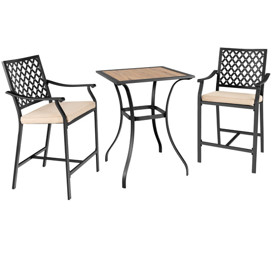 3 Pieces Patio Bar Set with High-Density Seat Cushions, a table and two chairs on a white background