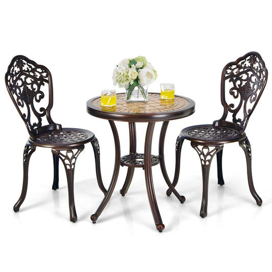 3 Pieces Patio Bistro Set with two ornate chairs and a round table featuring a floral centrepiece